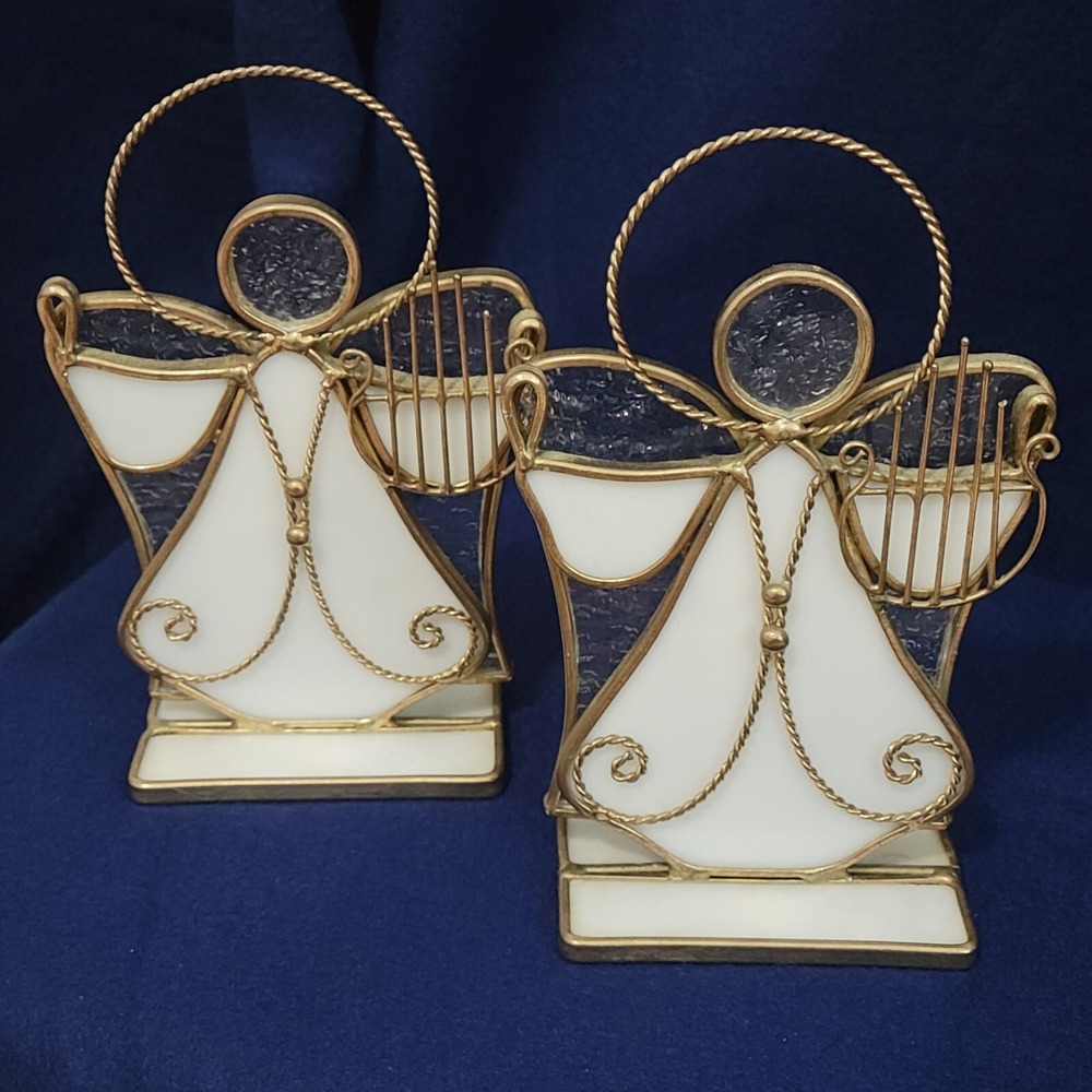 Vintage 3D Stained Glass Angel Suncatcher 6'" White Gold Trim Figurine Harp Halo